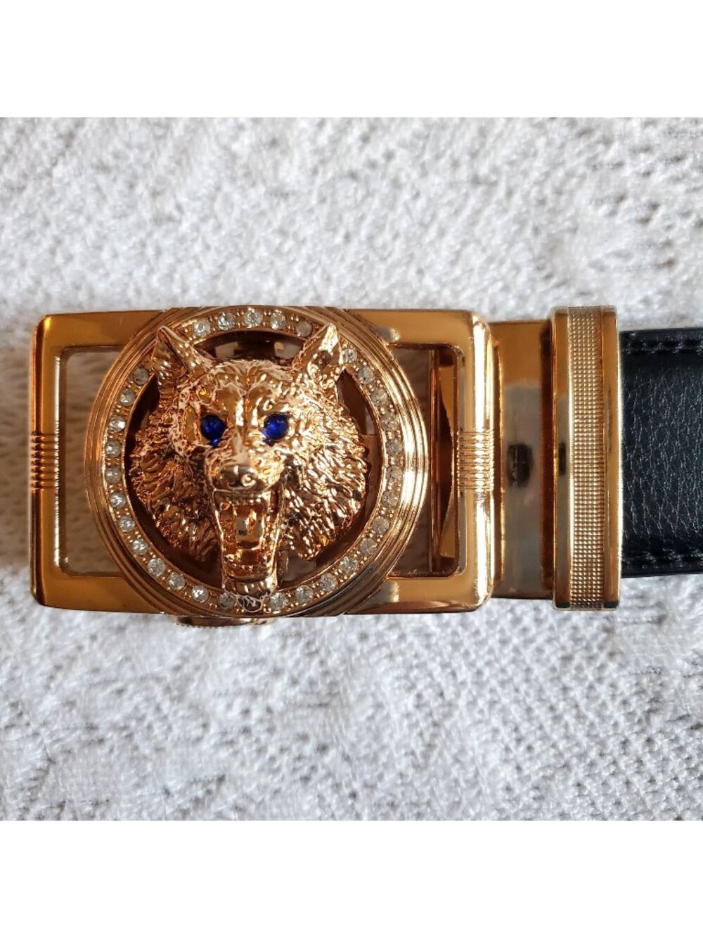 New Men XXL Black Heavy Duty Wolf Head Belt Gold Tone Rhinestone Blue Eyes